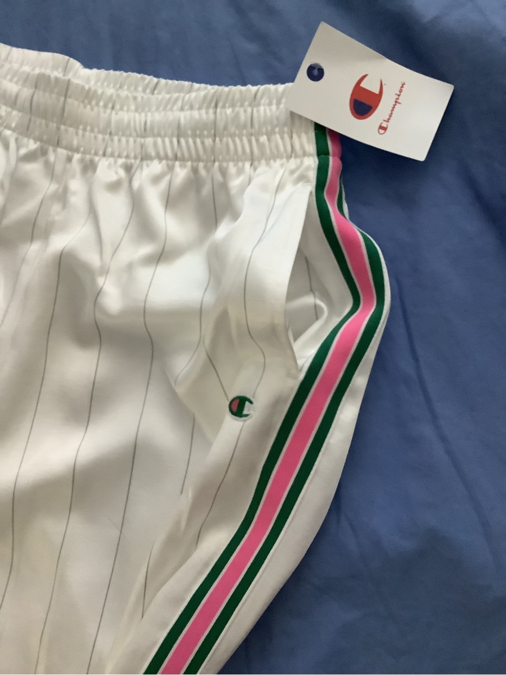(NWT)Champion White Pinstripe Track Pants with Green & Pink Side Stripes - Picture 3 of 5